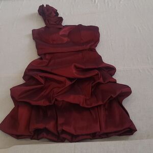 Dots Dress sz 6 Bubble Tiered Skirt Cranberry Taffeta Roses One Shoulder Formal